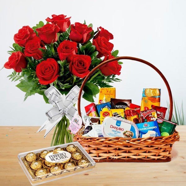 Cesta Café da Manhã Completo com Buquê de Flores e Bombons - Imagem 2